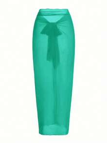 Swim Oasis Traje de baño de una pieza con panel de malla fruncida de unicolor y falda pareo - verde menta - Ver 5