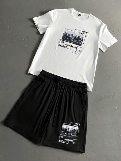 Claim Dot 男士标语印花圆领短袖 T 恤和抽绳短裤套装