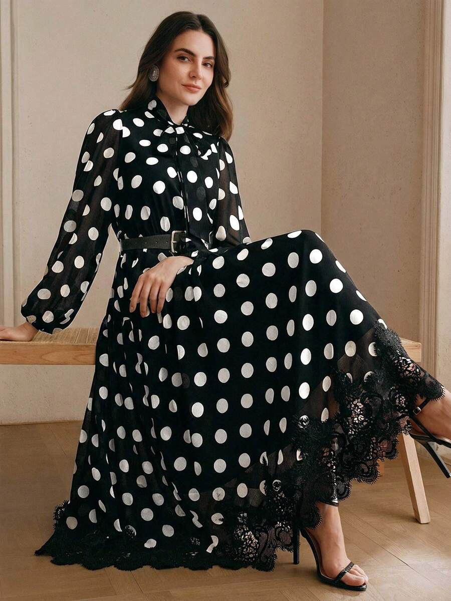 Anewsta Đầm dài tay thanh lịch chất lượng cao dành cho nữ, chất liệu chiffon chấm bi phối ren, thắt eo. - Đen và trắng - Xem 1