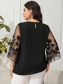 Reflora Plus Size Elegant Commuter Floral Embroidery Mesh Patchwork Blouse Fall - Black - View 2