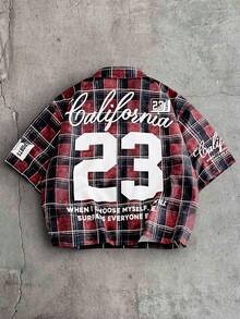 AXEPEAK Camisa casual de manga corta con botones, estampado de letras y cuadros para hombres - Multicolor - Ver 2