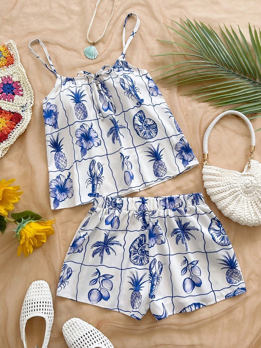 Soleia 女士全印花打结吊带背心和短裤休闲两件套 - 彩色 - 查看 1