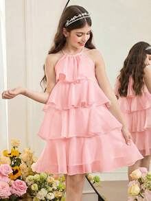 SHEIN Tween Girls' Loose Elegant Halter Neck Sleeveless Ruffle Hem Mid-Length Dress, Suitable For Weddings, Vacations, Parties - Pink - View 3
