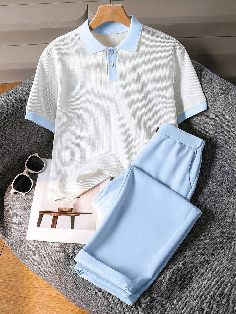 SHEIN 青少年男孩紳士套裝，短袖 Polo 衫+長褲，藍白秋季熱帶休閒優雅穿搭，水藍色度假校園風