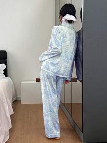 SHEIN Women's Bubble Print Lapel Cardigan Pajama Set - Blue and White - View 2