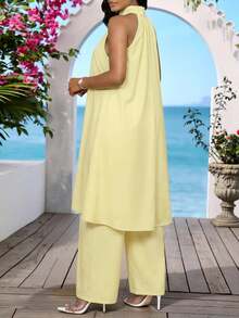 SHEIN Lady 女士优雅纯色吊带上衣和裤子两件套，夏季 - 黃色 - 查看 2