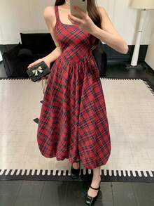 DAZY Vestido midi plisado de cuello cuadrado sin mangas con estampado elegante para mujer, vestido de invitada de boda de verano - Rojo - Ver 7