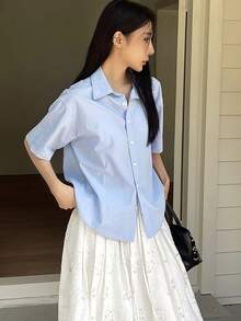 DAZY Women's Casual Solid Color Blouse, Summer - Blue - View 3