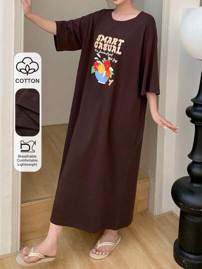 Dazy Plus Plus Size Casual Daily Comfortable Letter Graphic Short Sleeve Nightgown, Summer