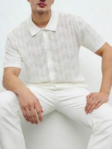 Manfinity Homme Men's Casual Solid Color Hollow-Out Knit Short Sleeve Cardigan, Spring/Summer - Beige - View 3