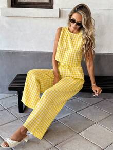 Pariaura Plaid Sleeveless Top And Pants Set, Casual Summer Outfit - Yellow - View 5