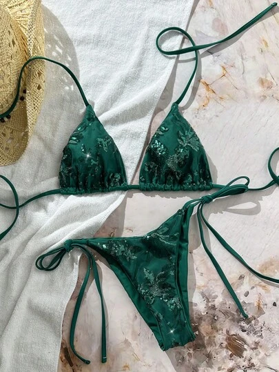  Bộ bikini 2 mảnh Swim Mod, màu trơn, chất liệu sequin, kiểu cổ yếm và quần bikini buộc dây bên hông, gợi cảm, thích hợp cho kỳ nghỉ hè/xuân ở bãi biển.