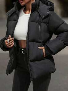EURMUSE Hooded Zipper Detailed Contrast Rib Cuff Quilted Women's Casual Puffer Down Jacket - Black - View 1