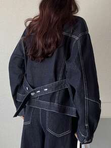 FRIFUL 女士单排扣长袖上衣和阔腿牛仔裤休闲日常牛仔套装 - 藍色 - 查看 5