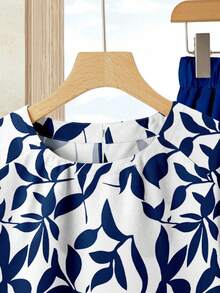 Rusticease 两件套女士休闲树叶图案印花短袖衬衫上衣搭配同色系纯蓝色长裙，夏季度假套装 - 彩色 - 查看 6