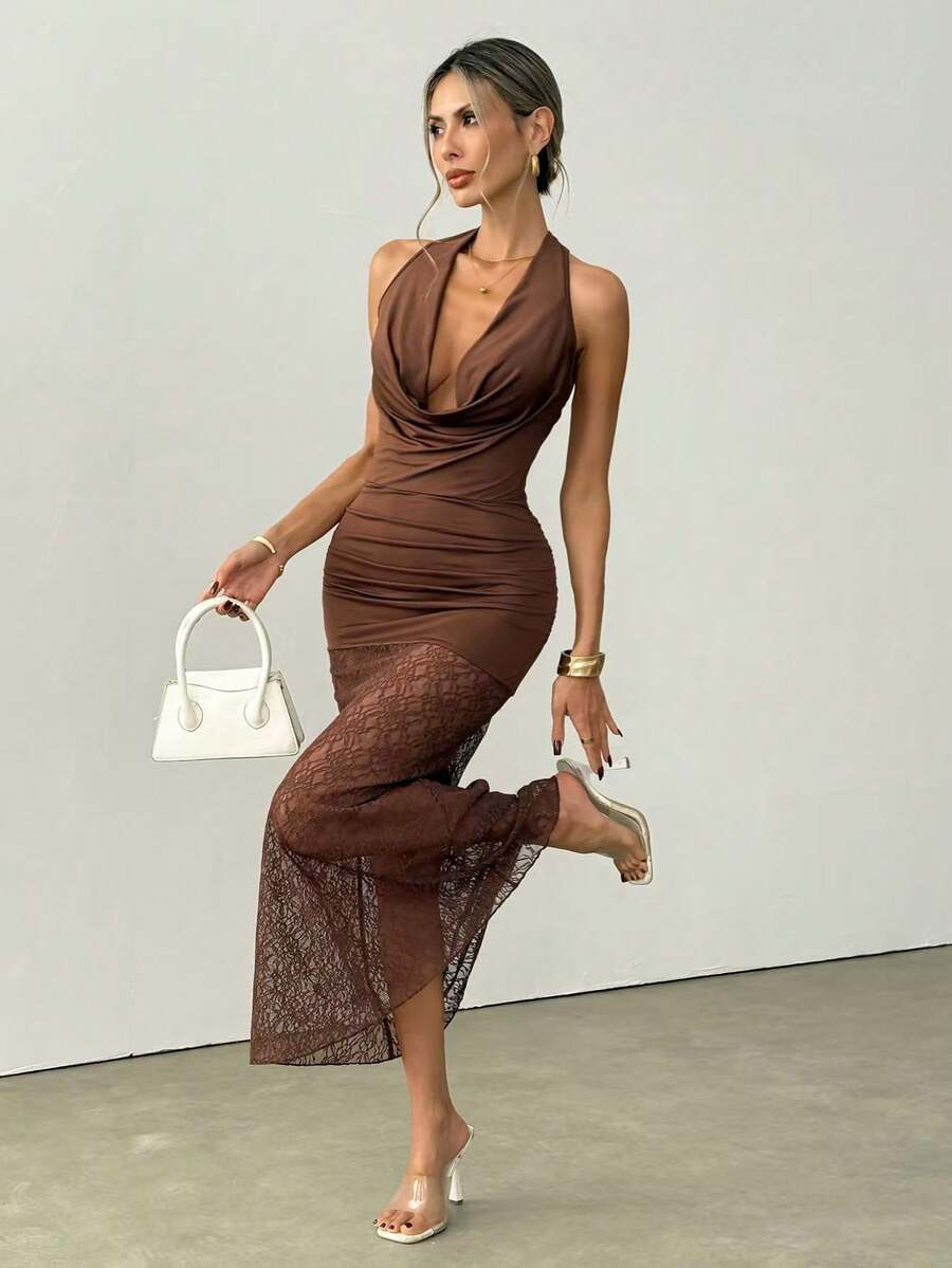 Ritzy Row 2026 New Arrival Elegant Sleeveless Deep Draped Neck Lace Hem Bodycon Dress, Deep Brown - Brown - View 1