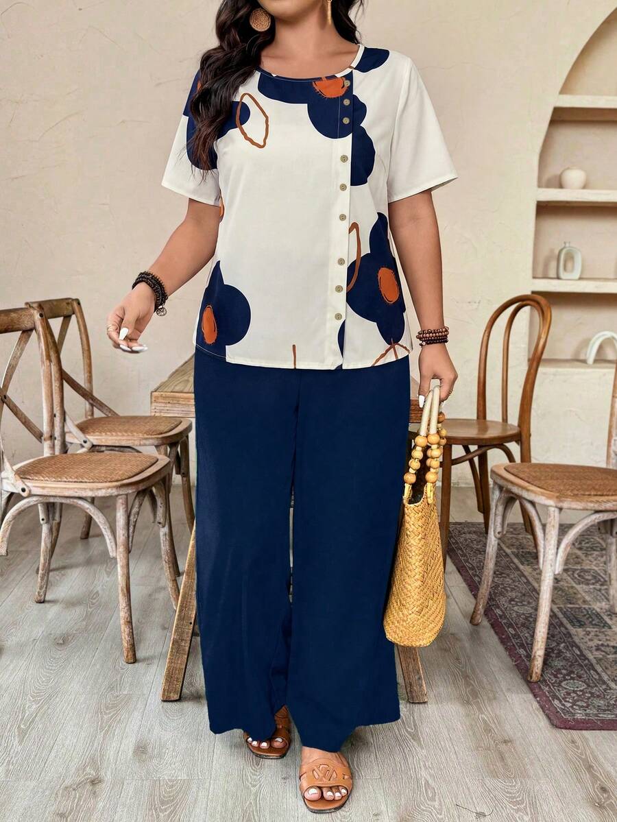 Weeklong Conjunto informal holgado de talla grande para mujer con cuello redondo, gráfico de plantas, botón asimétrico y decoración, 2025 Nuevo - Multicolor - Ver 1