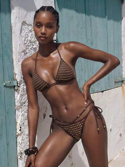 Maija Women's Summer Beach Rivet Decor Halter Tie Casual Bikini And Triangle Panty Swimsuit Set