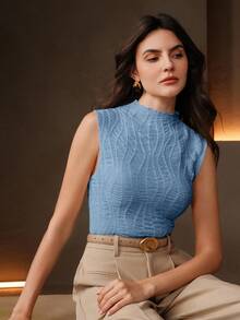 Anewsta Women's Fashion Solid Color Textured Fabric Sleeveless Ruffled Collar Fitted Tank Top - Blue - View 2