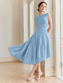 Anewsta Elegant Solid Color Heavyweight Knit Sleeveless Asymmetrical Pleated Sweater Dress, Suitable For Early Spring, Autumn, Formal, Party, Fashionable Occasions - Blue - View 5