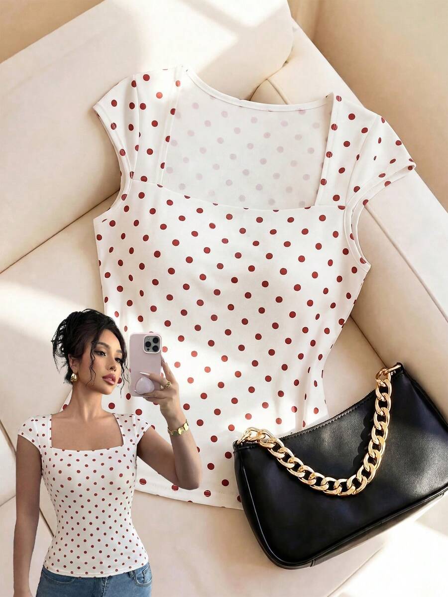 Selianne Polka Dot Square Collar Waist Cinched Elegant Romantic Refined Women T-Shirt - Red and White - View 1