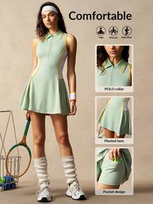 VARSIVA Women's Contrast Color Zipper Half-Placket Sleeveless Sports Dress With Shorts - Multicolor - View 2