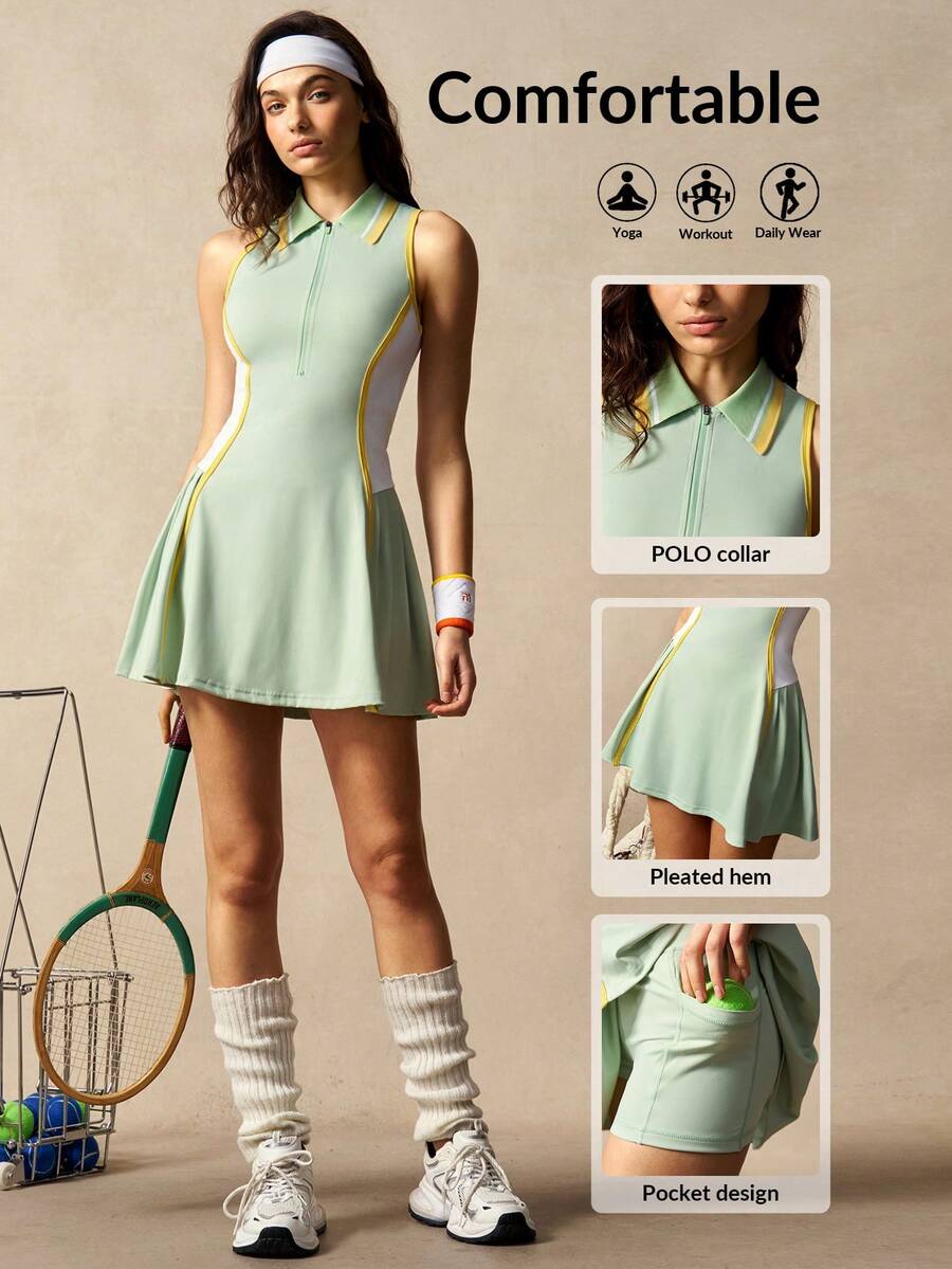 VARSIVA Women's Contrast Color Zipper Half-Placket Sleeveless Sports Dress With Shorts