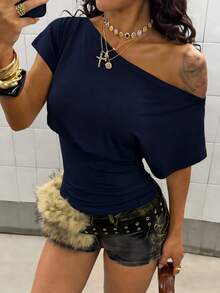 StreetHx Women's Spring/Autumn Asymmetrical Shoulder Short Sleeve Fitted White T-Shirt - Navy Blue - View 4