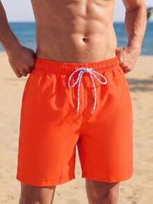 VIVINTIMO Men's Plain Pocketed Drawstring Waist Beach Shorts, Suitable For Summer, Hawaiian, Men Dry Fit Orange Swim Trunks, Men Swim Trunk Matching, Men Beachwear, Plain Swim Trunks - Burnt Orange - View 3