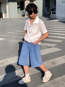 SHEIN 青少年男孩休閒水藍色夏季度假復古牛仔短褲，童裝寬鬆大廓形寬腿牛仔褲，附後口袋小補丁，時尚街頭風 - 中等水洗藍 - 查看 7