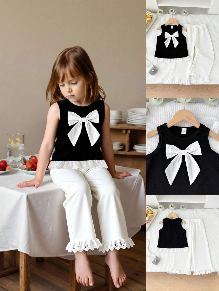 Cute Young Girls Black Colorblock Bowknot Ruffle Round Neck Long Tank Top Co-Ords - Black - View 1