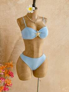 Soleia Women's Summer Beach Metal Starfish Decor Sexy Bikini Set With Cover-Up And Skirt Vacation Bathing Suit - Blue - View 6
