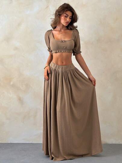 SHEIN Women's Soft Baby Pink Two Pieces Set Featuring A Puff-Sleeve Scoop-Neck Crop Top With Ruffle Trims And A High-Waisted A-Line Maxi Skirt, Zipper Detalied