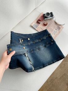 Elamini Women's Frayed Hem Metal Eyelet Fashionable Denim Mini Skirt - Blue - View 5