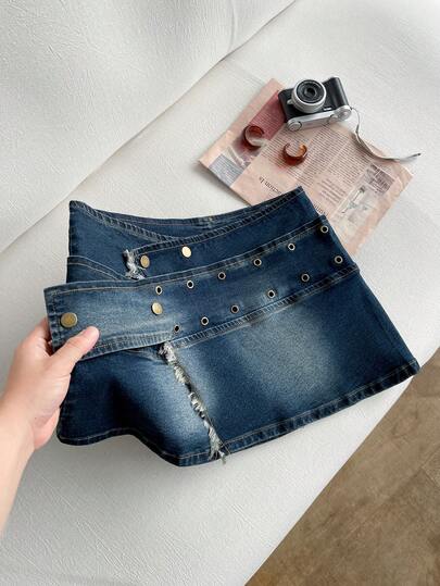 Elamini 女士毛边金属孔眼时尚牛仔迷你裙