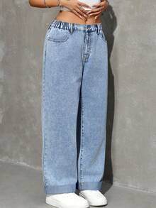 SHEIN Tall 夏季女式高个宽松休闲日常通勤外出百搭弹力腰带阔腿蓝色锥形牛仔裤 - 淺色水洗藍 - 查看 7