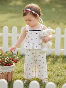 Souflis Souflis Set de 2 piezas de conjunto de verano estilo francés para bebé y niña de 0 a 3 años, incluye chaleco con tirantes con volantes y estampado de cerezas y pantalones estampados, elegante y lindo, adecuado para jugar, estar en casa, ir a la escuela y otras ocasiones - Multicolor - Ver 2