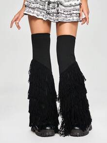 ROMWE Grunge Punk 1Pairy2k Millennium Spice Girls Punk Style Black Splicing Multi-Layer Taffer Edge Design Over Knee Micro Speaker Loose Leg Socks, Stylish Simple Wild Ladies Leg Covers, Suitable For Daily, Date, Party, Shopping And other Gray Items - màu đen - Xem 1