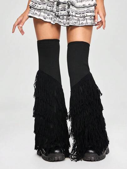 ROMWE Grunge Punk 1Pairy2k Millennium Spice Girls Punk Style Black Splicing Multi-Layer Taffer Edge Design Over Knee Micro Speaker Loose Leg Socks, Stylish Simple Wild Ladies Leg Covers, Suitable For Daily, Date, Party, Shopping And other Gray Items