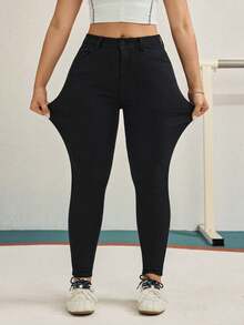 EMERY ROSE Plus Solid Skinny Ankle Pants Women Spring Summer Pant - Black - View 7