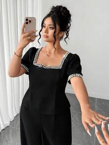 Elenzga 2pcs Plus Size Women's Elegant Sequin Satin Ribbon Square Neck Puff Sleeve Blouse,Slim Fit Long Palazzo Pants Set,Summer Black And White Wedding Guest - Black - View 4