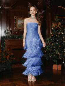 Anewsta 女士秋冬新款镶钻流苏抹胸连衣裙 - 灰藍色 - 查看 6