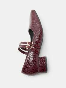 女士 3 厘米粗跟时尚海军蓝、金属酒红色、黑色玛丽珍平底鞋 - 酒紅色 - 查看 6