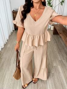 SHEIN LUNE Women's Plus Size Beige Summer Casual Vacation Outfit V-Neck Ruffle Hem Short Sleeve Top And Unique Design Patchwork Pants 2-Piece Sets Track Suits - Khaki - View 1