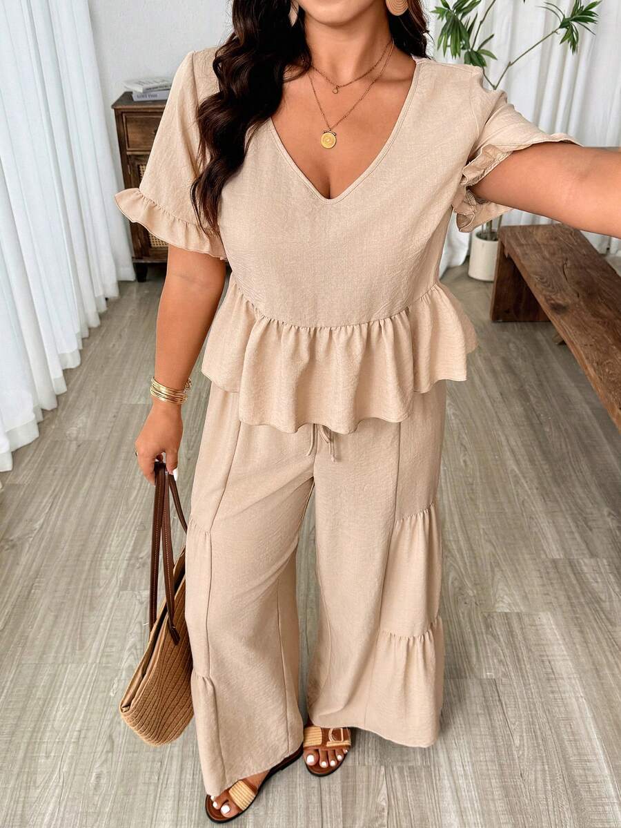 SHEIN LUNE Women's Plus Size Beige Summer Casual Vacation Outfit V-Neck Ruffle Hem Short Sleeve Top And Unique Design Patchwork Pants 2-Piece Sets Track Suits - Khaki - View 1