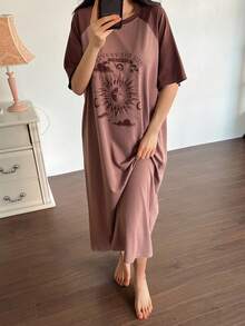 DAZY 太阳图案插肩袖长连衣裙，女士夏季睡衣 - 棕色 - 查看 6