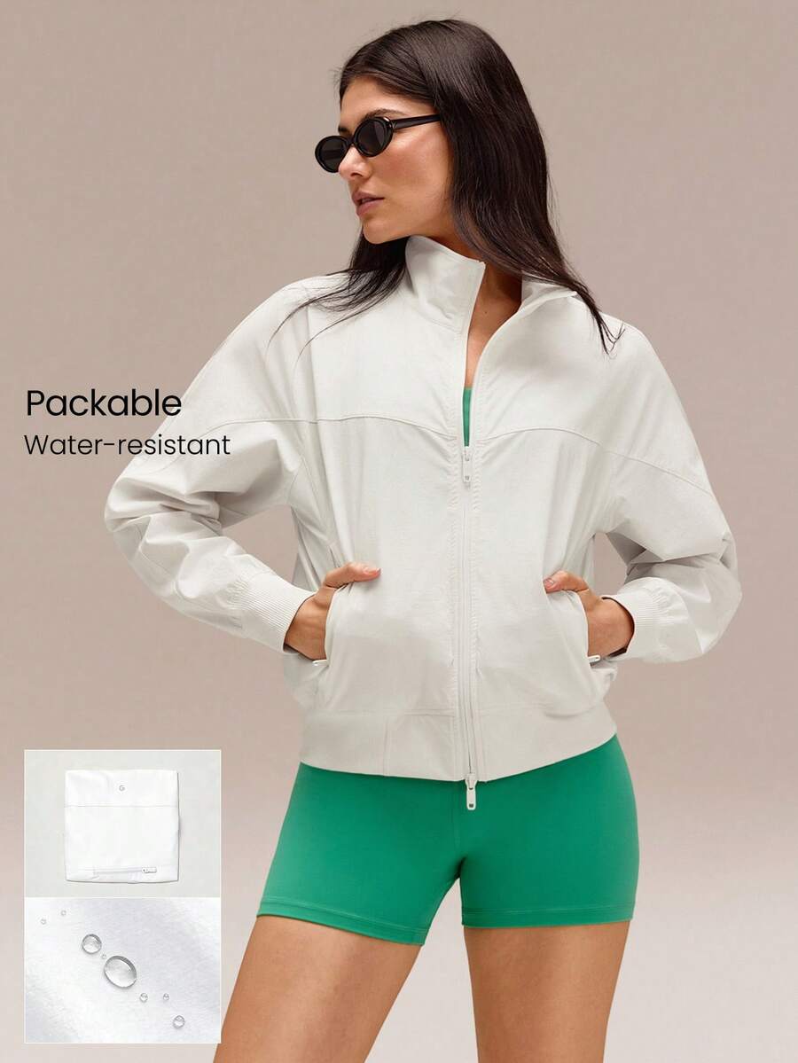 GLOWMODE Go With The Glow Waist-Length  Sunproof Elastic Ribbed Cuffs Hem Two-Way Zipper Back Pocket Relaxed Fit Bomber Jacket Running Jogging Outdoor Daily Active Wear - White - View 1
