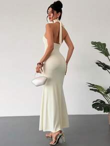 RiviMae 女士时尚优雅性感扭结露背系带紧身连衣裙，女士优雅套装，适合特殊场合的精美连衣裙，女士优雅经典连衣裙，女士高贵连衣裙，时尚连衣裙，女士连衣裙，正式服装，女士精美连衣裙，女士性感连衣裙 - 鵝黃色 - 查看 2