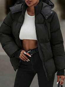 EURMUSE Hooded Zipper Detailed Contrast Rib Cuff Quilted Women's Casual Puffer Down Jacket - Black - View 5
