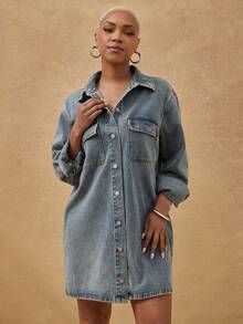 Vixey Casual Long Sleeve Pointed Collar Button Up Denim Dress - Medium Wash - View 3